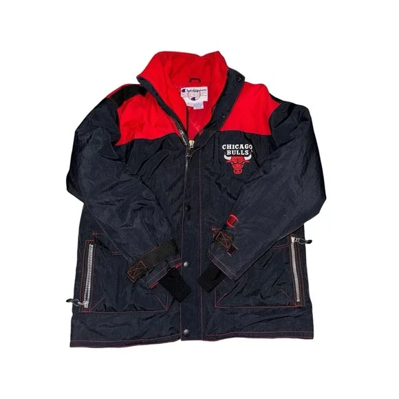 Champion Chicago Bulls VTG Court‎ Jacket Sz Large Basketball Zip Black Red Y2K